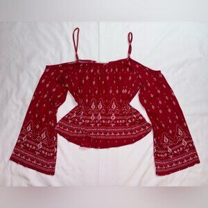 H&M X Coachella Size XS Red Bandana Print Boho Festival Cold Shoulder Top
